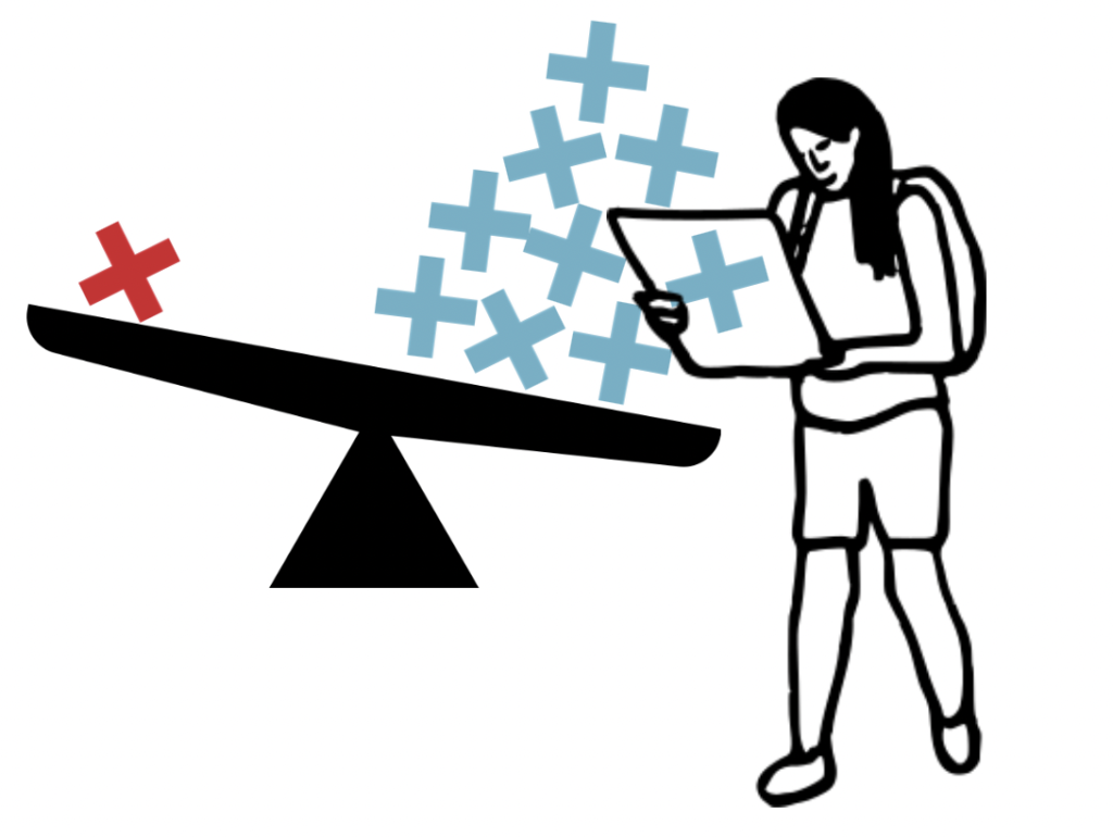 Scale with red X and blue +, and person walking next to it.