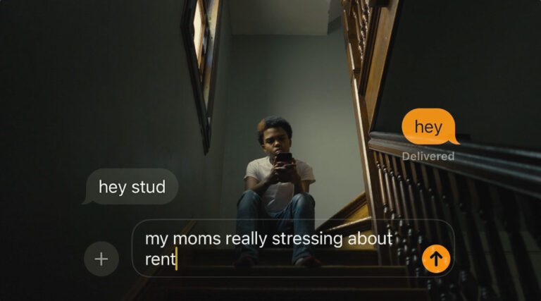 boy sitting on stairs. There is an overlay of text messages between the boy and a predator
